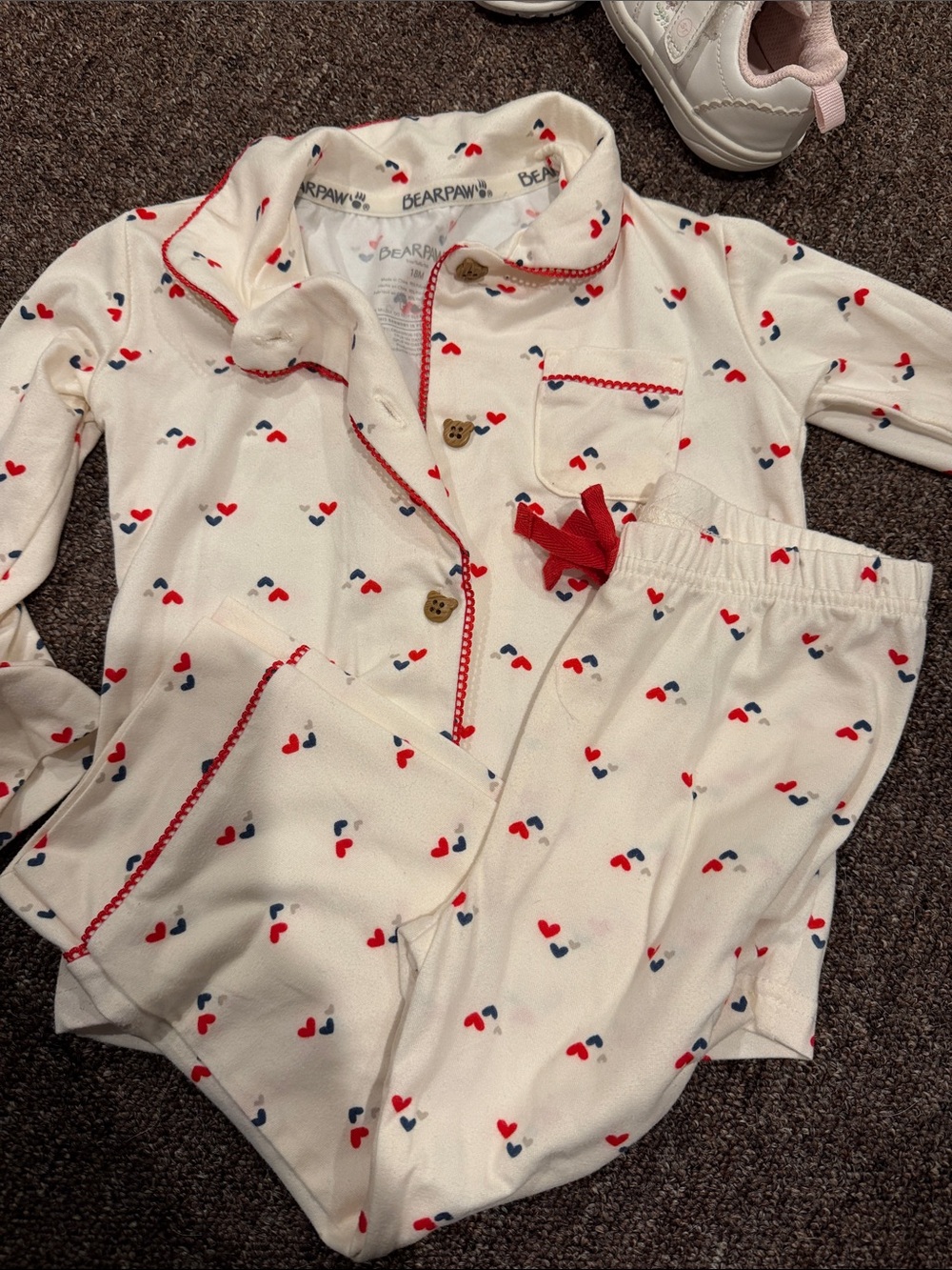 BearPaw Kids Cream Pajama Set with Red & Navy Heart Print